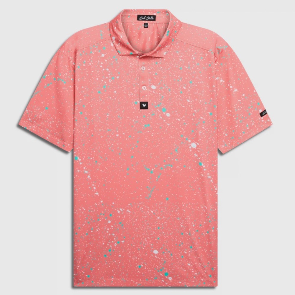 Bad Birdie Polo Shirt Mens Size medium Pink Paint Splatter Golf Short Sleeve
